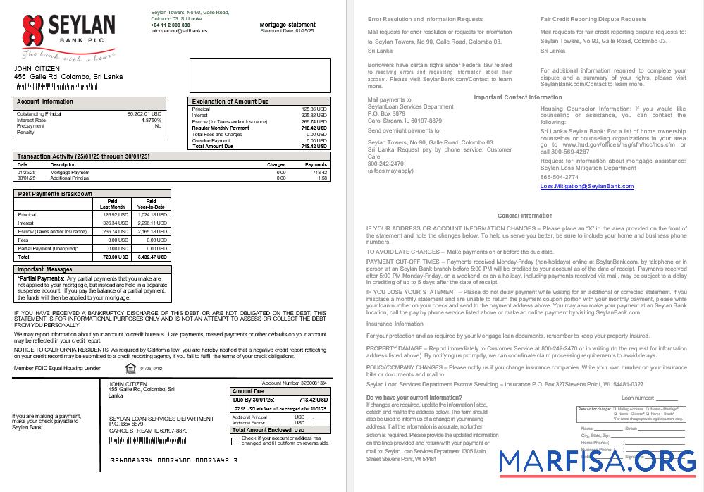 Blank Sri Lanka Seylan Bank mortgage statement, 2 pages sample
